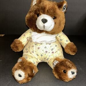 TL Toys Vintage Bear w/ Yellow Floral Pajamas Bear Houseshoes Plaid Ears Plush